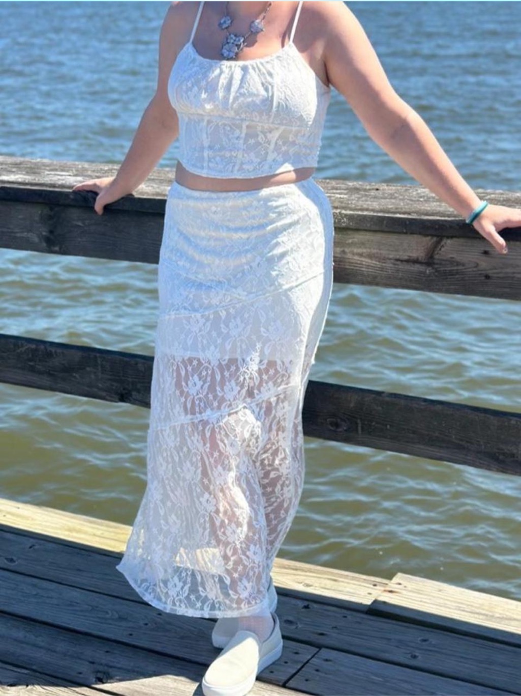 No Boundaries White Lace Maxi Skirt & Cropped Lace Top Set - L